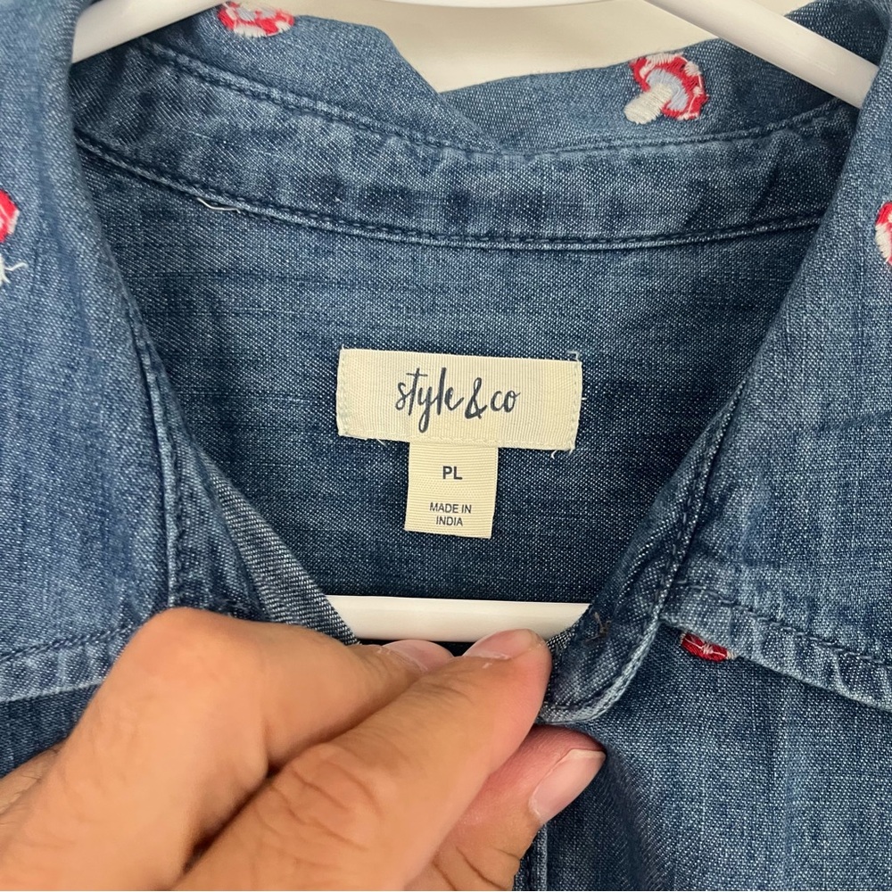 Style & Co Denim Mushroom Button Up Shirt - Picture 2 of 4